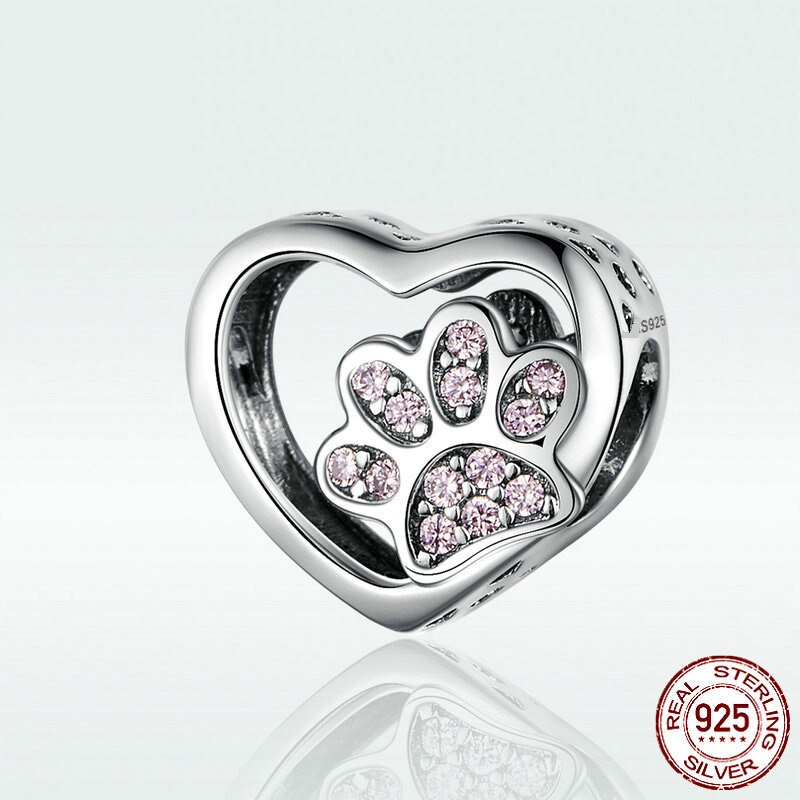 Colgante de Plata de Ley 925 con forma de corazón pata de perro, Rosa cuentas finas de esmalte, apto para Pulsera Original de 3mm, joyería 925