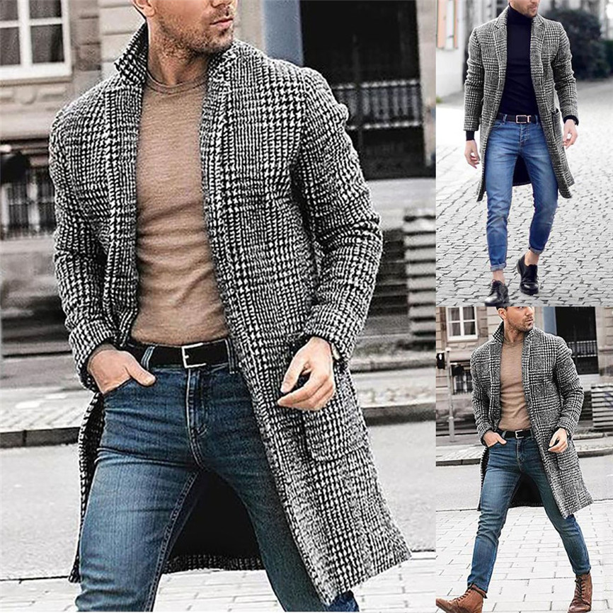 Heren Trenchcoat Jas Vest Plaid Print Jas Mannen Toevallige Winter Mode Hounstooth Heren Lange Jas Jas Uitloper