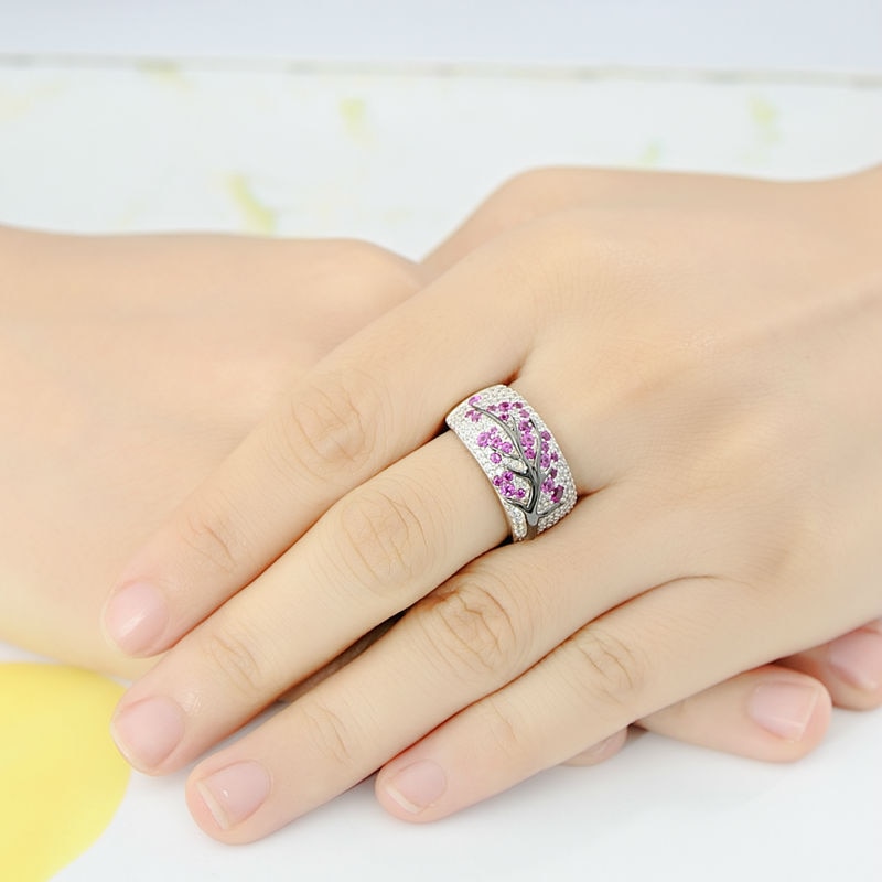 SANTUZZA Silver Ring for Women Genuine 925 Sterling Silver Pink Cherry Tree Cubic Zirconia Ladies Delicate Jewelry