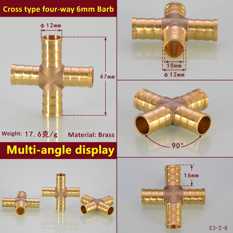 Cross Shaped Brass Pipe Fitting 4 Way 4mm 6mm 8mm 10mm 12mm Hose Barb Connector Joint Copper Barbed Coupler Adapter Coupling: 12mm