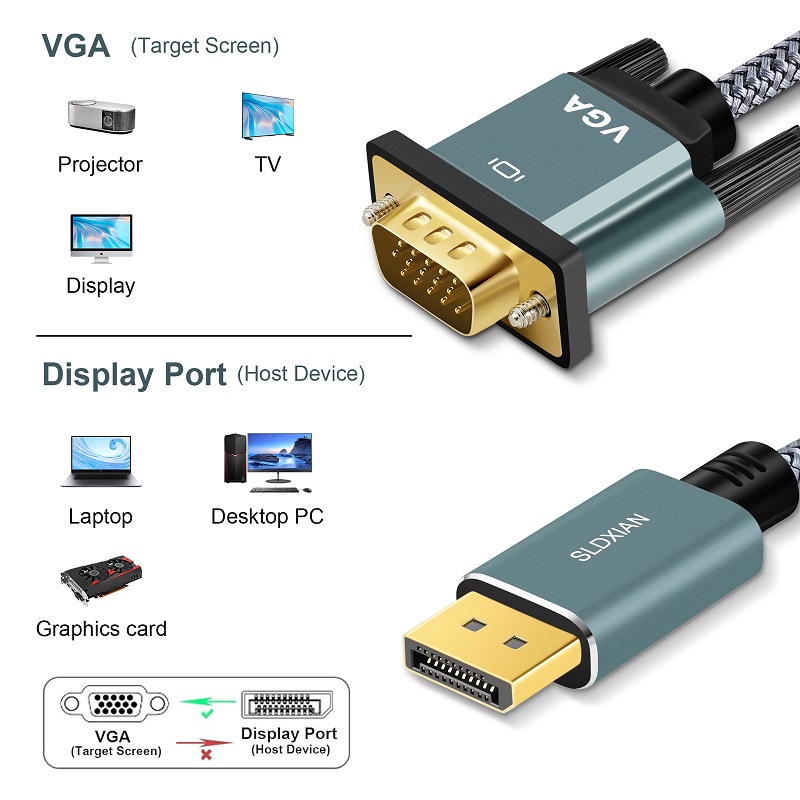 Display Port to VGA, DP cable from desktop or laptop monitor projector connection port, with VGA to Display Port adapter
