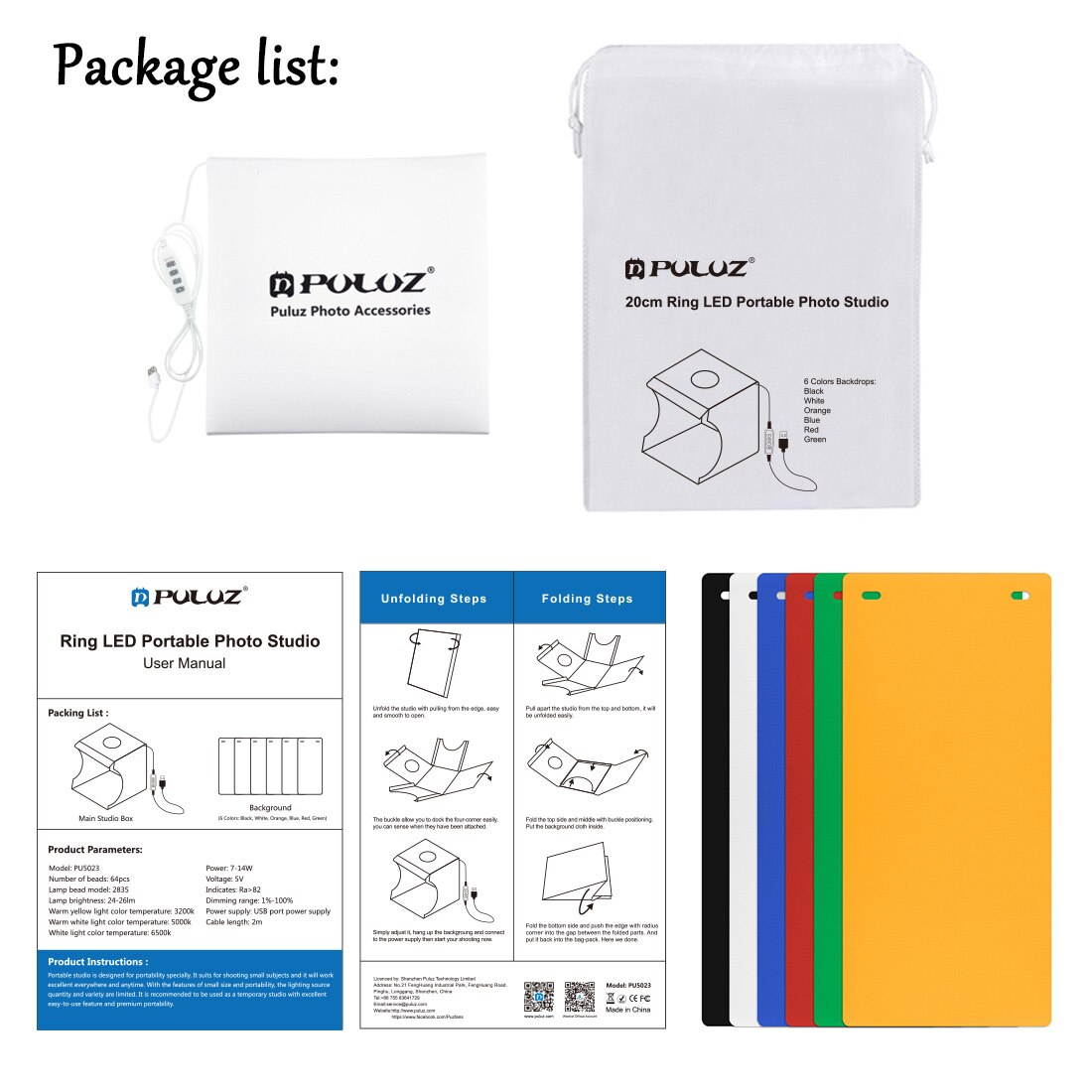 PULUZ 31x31cm USB Portable Light Box Adjustable Bright Round LED Lightbox &amp; 6 Backgrounds Mini Studio Fotografico Caja De Luz: 20x20cm