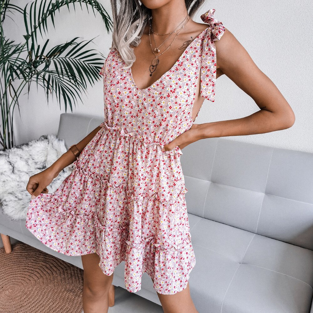 Jurken Voor Vrouwen 2022 Zomer Korte Mouw Bloemen Jurk Strap V-hals Casual Stijl Chiffon Jurk Mode Jurk