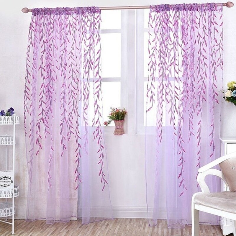 2pcs=1Pair Wicker Transparent Curtains Leaves Curtains Pastoral Style Floral Window Decorative Curtains for Bedroom Living Room: Purple / 100 x 270cm