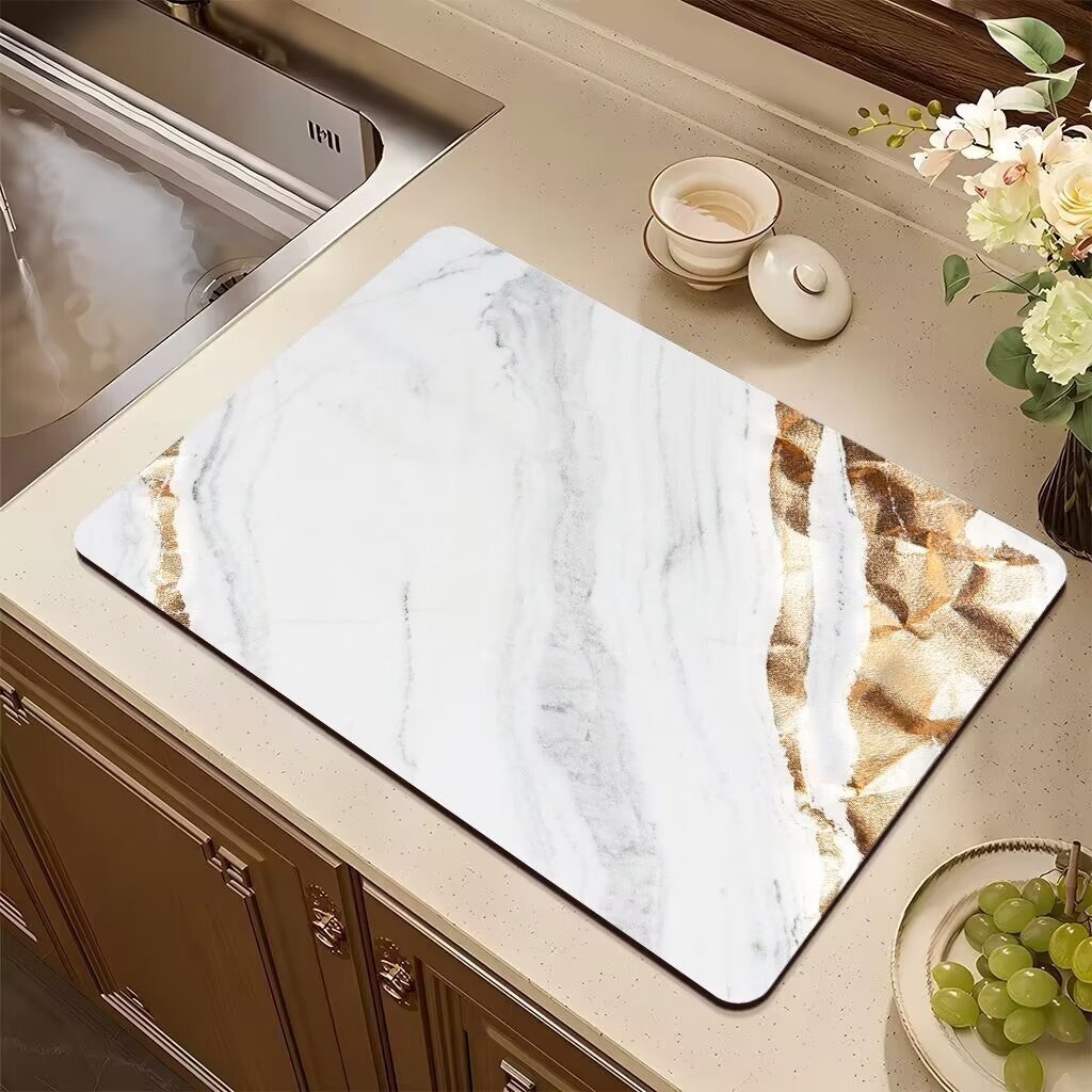 Moderne Marmor-Abtropfmatte, Kieselalgen-Schlammteppich für Küche, Badezimmer, rutschfeste Unterlage, Super saugfähige Abtropfpads für Zuhause, Couchtisch-Dekoration: 40x120 cm / Schwarz