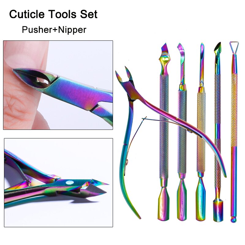Dual-ended Chameleon Nail Cuticle Pusher Set Dead-skin Remover Cuticle Nipper Clipper Scissor Stainless Steel Manicure Tool
