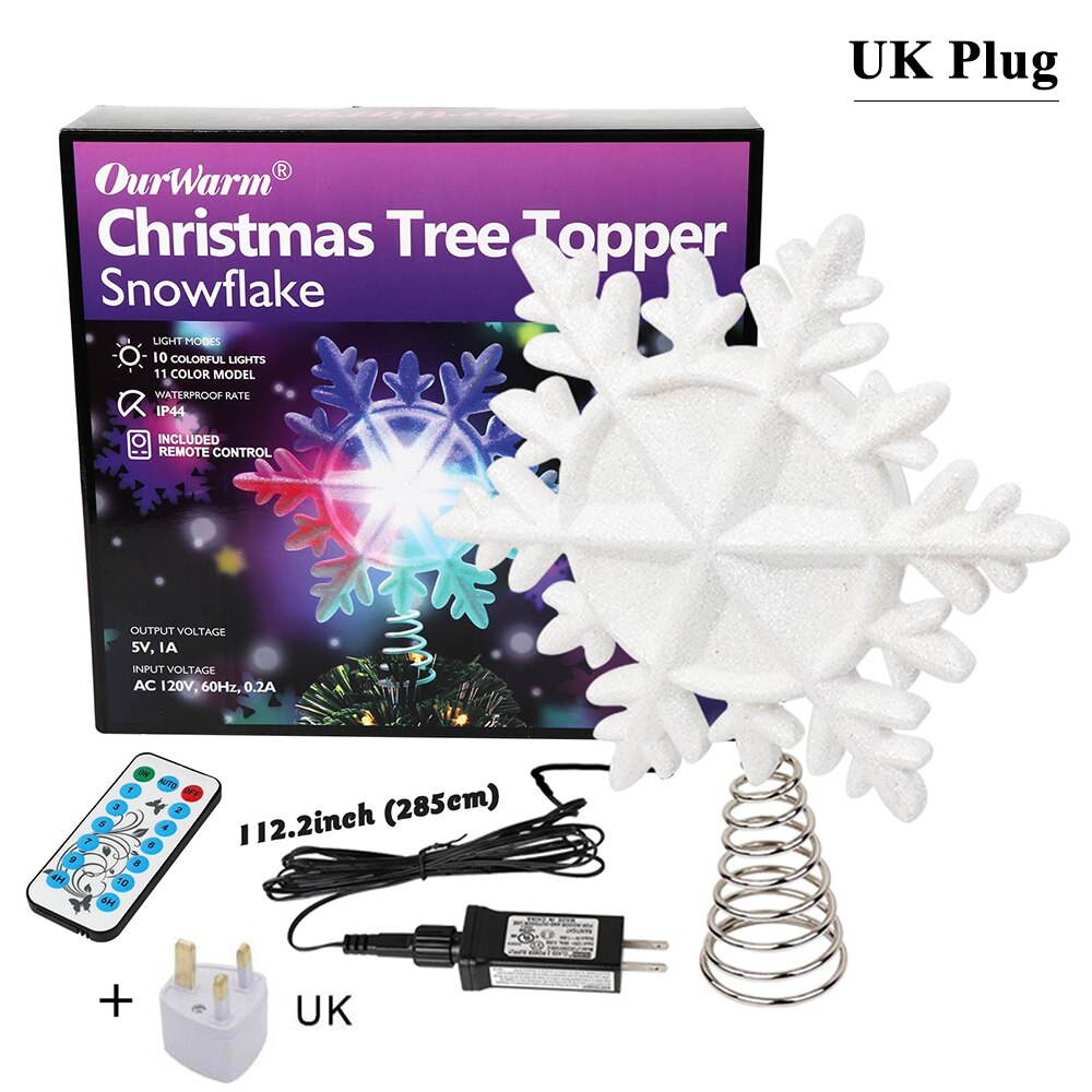 OurWarm Christmas Tree Topper Lighted with White Snowflake Projector Rotating 3D Glitter Lighted Christmas Decorations for Tree: UK Plug