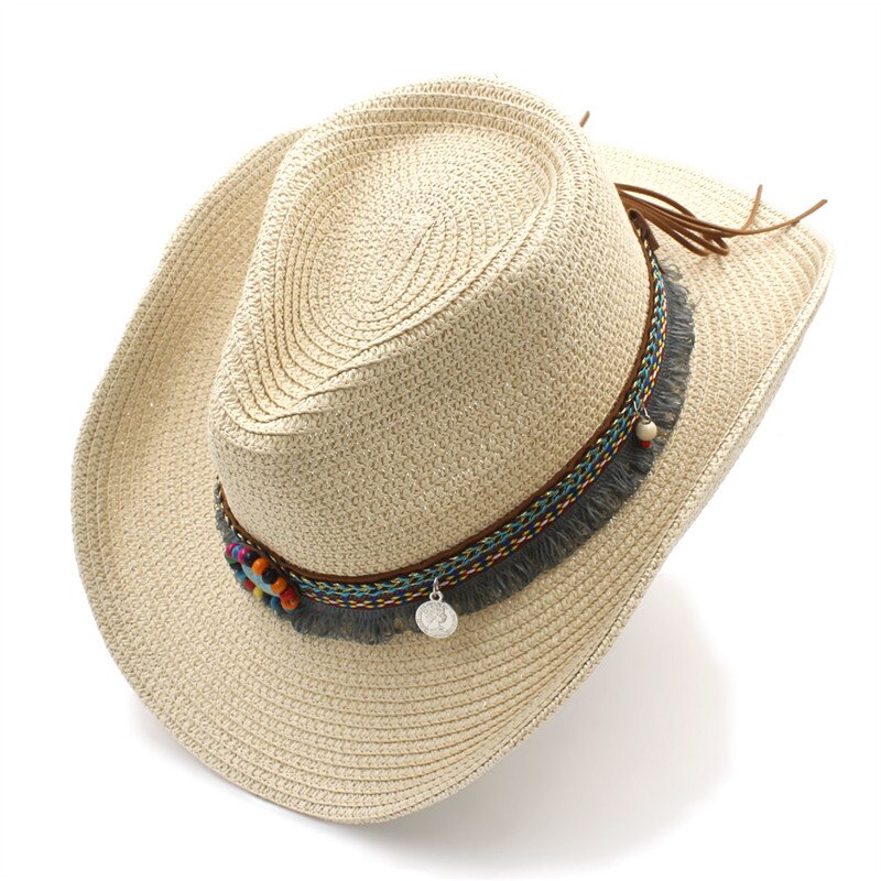 Kvindestøv vestlige cowboyhatte med rullet op bred kant til dame cowgirl jazz hat med kvast sombrero cap sommerstrand solhat: Strå