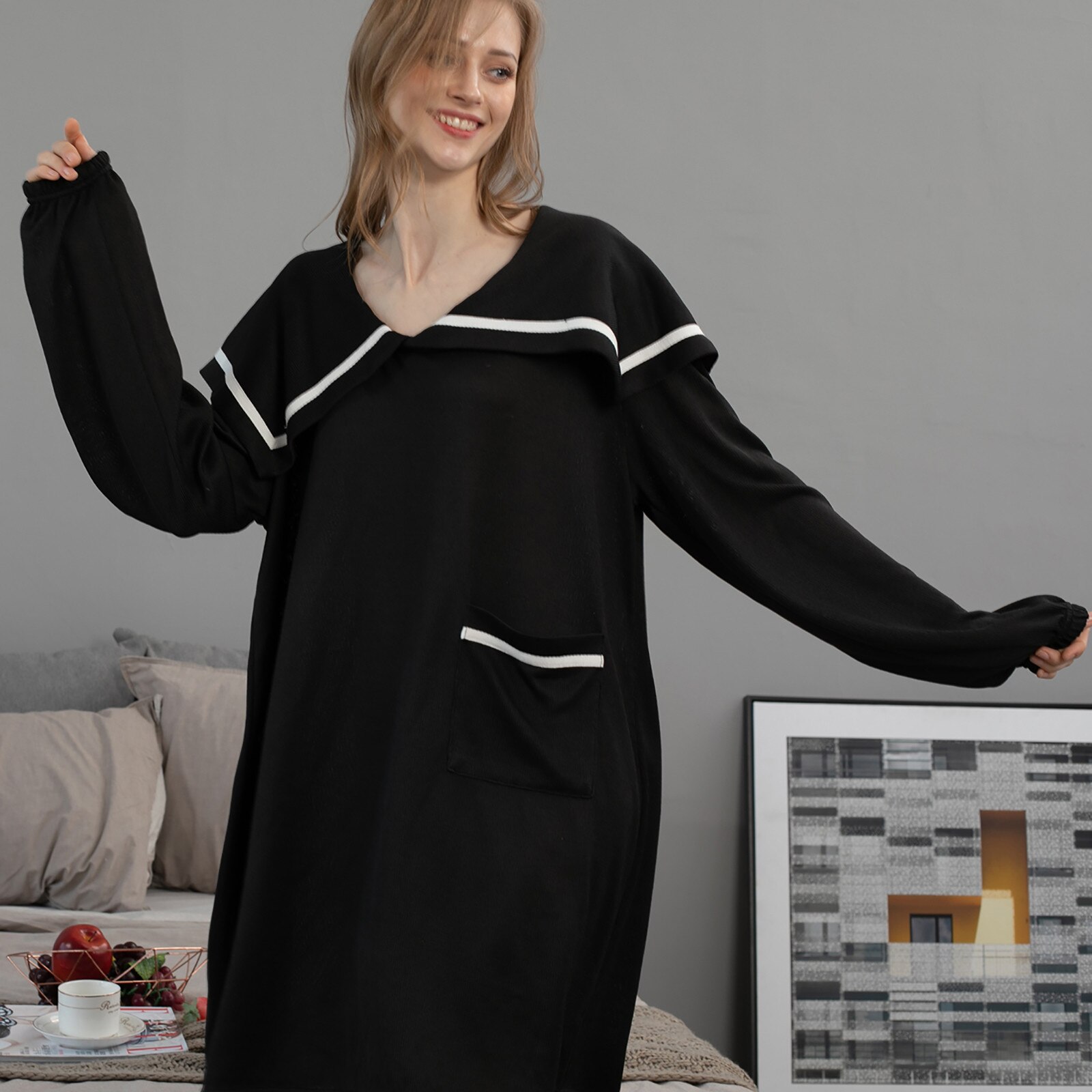 Women Sleepwear Loose Nightdress V-neck Solid Color Long-sleeved Soft Casual Homewear Nightwear mujer invierno