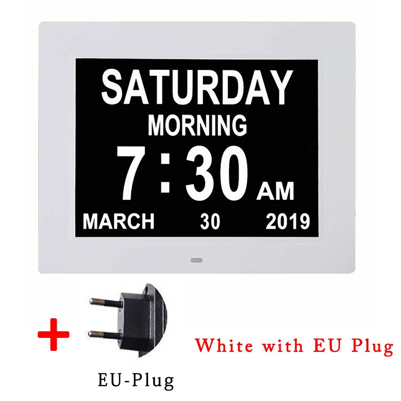8 idiomas digital dia relógio led calendário dia/semana/mês/ano despertador para idosos demência visão deficiência decoração da casa: white with EU Plug