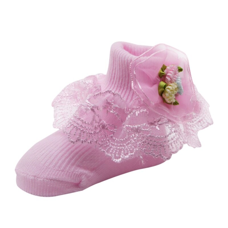 Kawaii Cute Baby Girls Cotton Sweat Absorbent Non - Slip Socks With Lace Floral Socks: pink