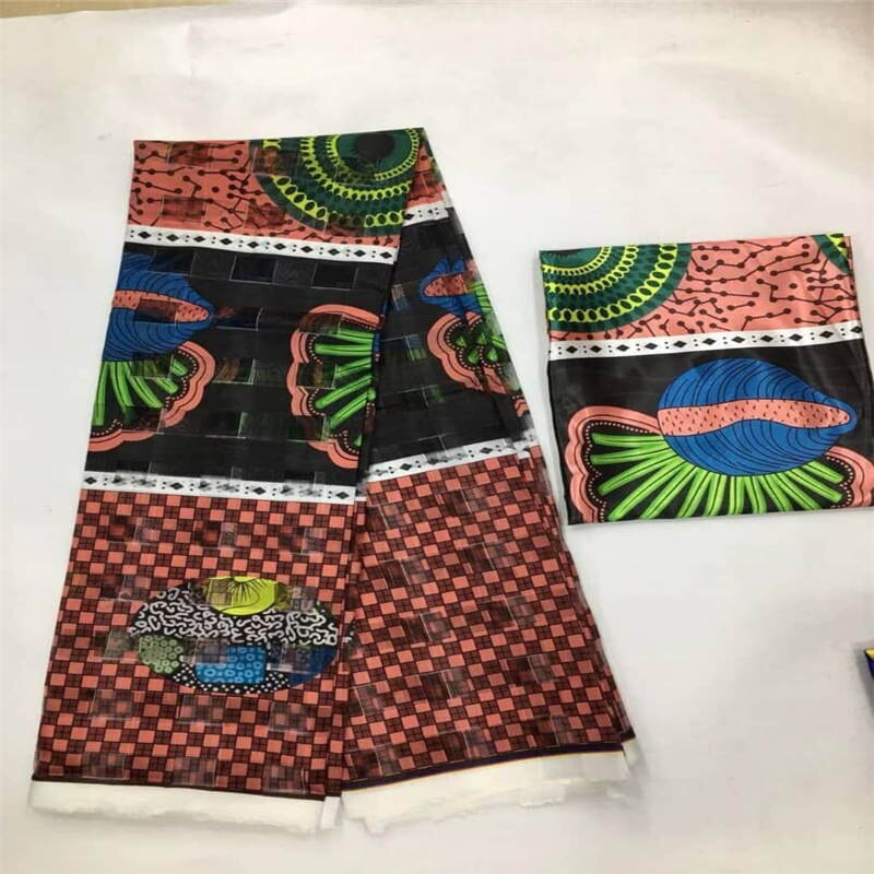 Fashionable African Wax Printed Organza Ribbon fabric 4 yards match 2 yards silk fabric !: MULTI