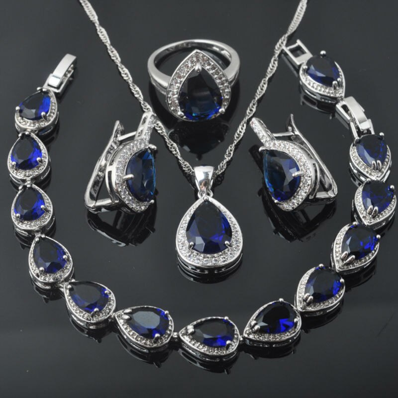 Blauwe Stenen Water Zilveren Kleur Sieraden Sets Armband Voor Vrouwen Bruiloft Ketting Hanger Oorbellen Ring QS0355