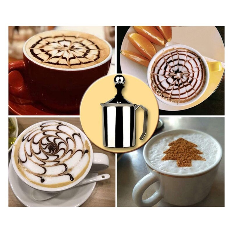 500Ml Stainless Steel Double Mesh Milk Frother,Milk Frother Jug with Art Pen&Thermometer,for Cappuccino and Coffee Latte