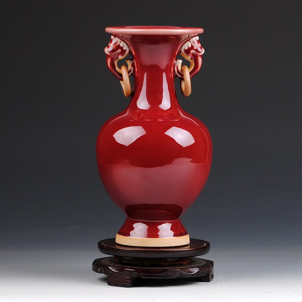 Jarrón de estilo chino de Jingdezhen, jarrón de flores esmaltado de cristal de porcelana roja, decoración del hogar, jarrones de Familla brillantes hechos a mano,