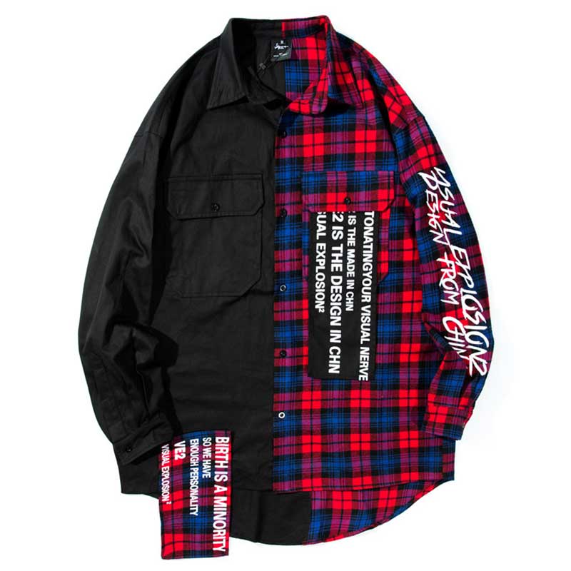 2020aw efterår harajuku japansk skjorte patchwork plaid mænd/kvinder streetwear print afslappet langærmede oversize skjorter herre toppe: Rød / L