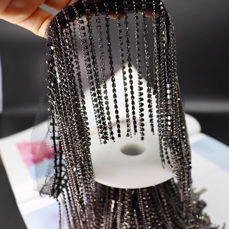 0.5m sølvgrå frynsede metallkjeder krystallperler blonder håndlaget duskkant gjør-det-selv jeans vesker sko og hatter dekorasjon anheng
