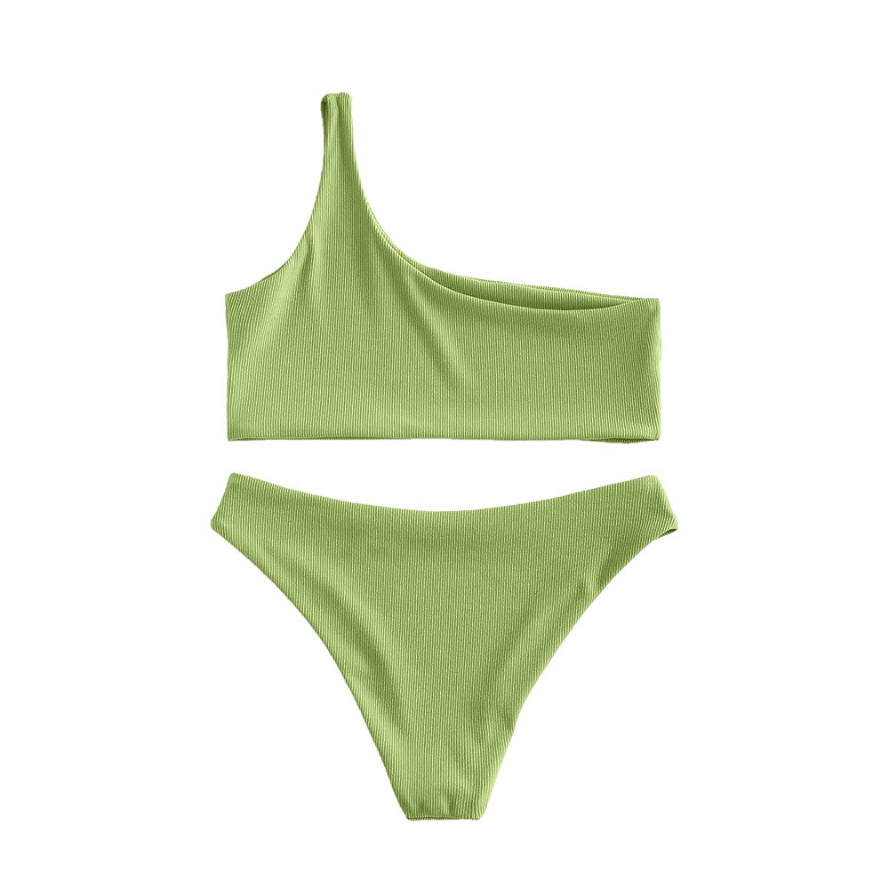 Zaful Geribbelde Een Schouder Ongevoerd Bikini Badpak Voor Vrouwen Effen Kleur Elegante Badmode Groene Ui Badpak