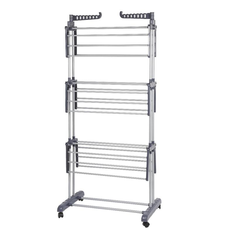 4 Tiers Verstelbare Droogrek Vloer Roller Kledingstuk Kleding Airer Roestvrij Wasserij Opknoping Drogen Opvouwbare Hanger Hwc: gray and silver
