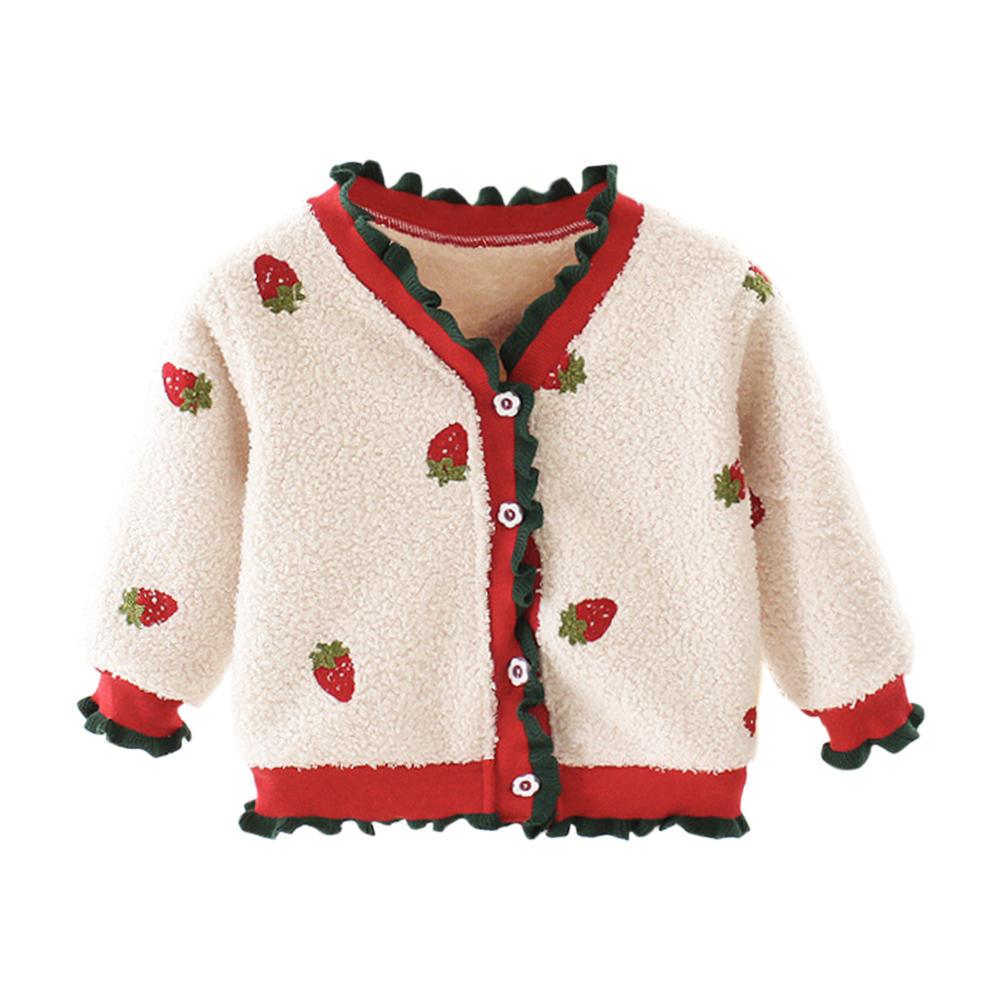 Baby Mädchen freundlicher Rüschen Kleidung Erdbeere Baumwolle Freizeit Täglich Westlichen Stil Gedruckt Vlies Strickjacke betroffen Mantel: weiß / 6m