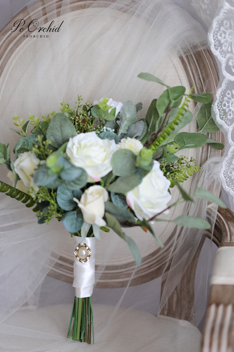 PEORCHID Tuin Stijl Bruidsboeket Rose Bloemen Kunstmatige Bruids Boeket Boho Bruidsboeket Real Touch Eucalyptus Boeket