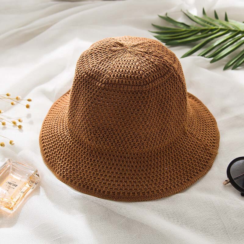 Solhatte til kvinder sommer strandsolhat blød bøttehat panama chapeau femme udendørs kasket: Kaffe