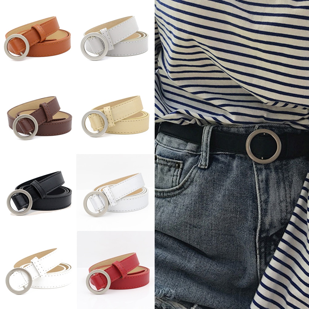 Belt Round Pin Buckle Metal Holeless Female Belt Faux Leather Casual Solid Belts For Women