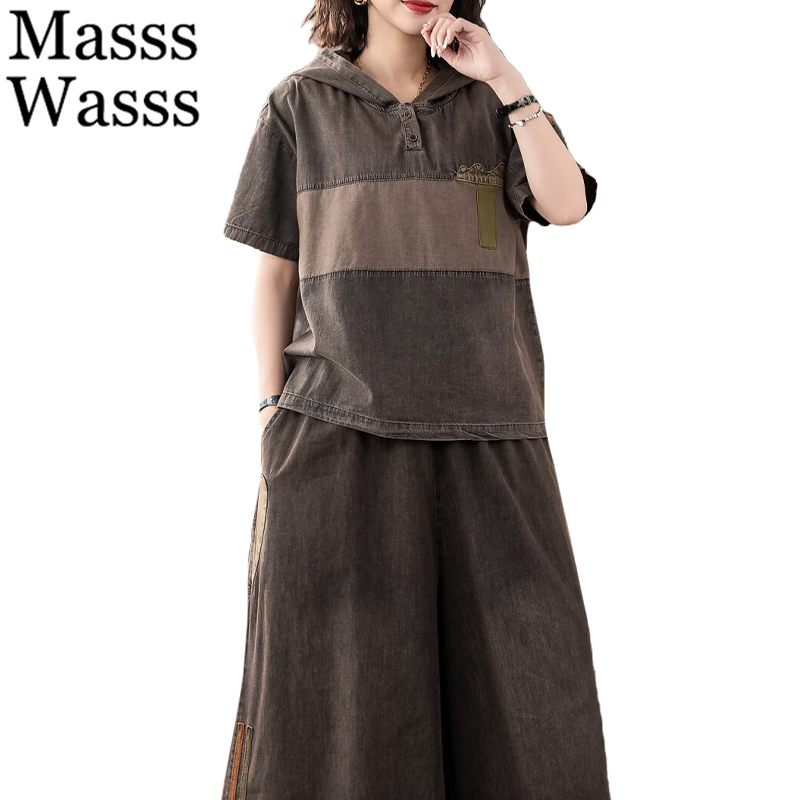masse wass sommerantrekk dame trenings denim 2- delt sett kommode løse hettegensere årgang jeans avslappet vide bukser