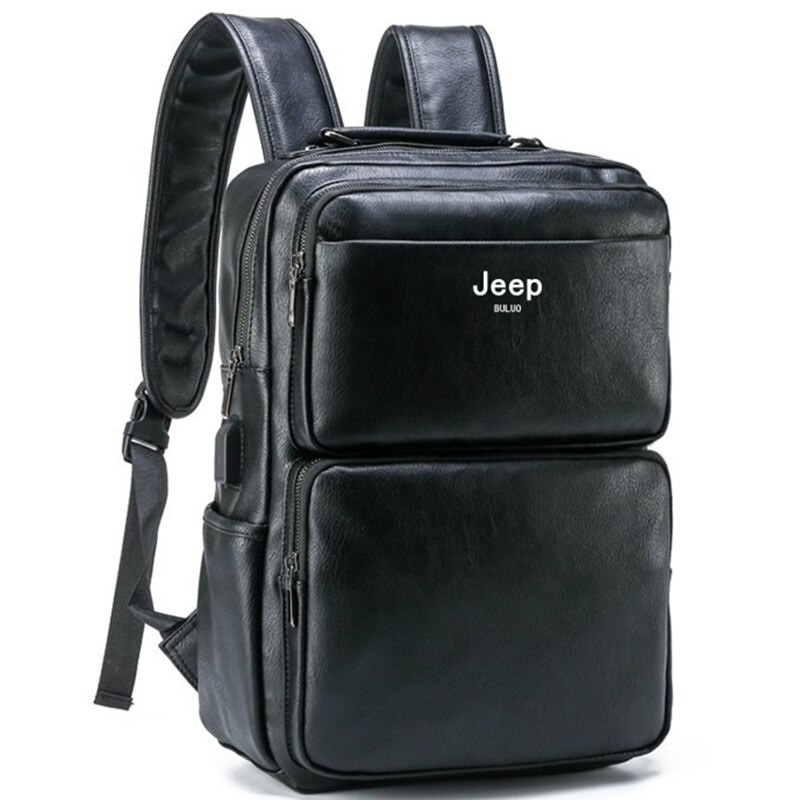 JEEP BULUO Casual Daypacks 14 inches Laptop Large Capacity Backpack Outdoor Travel Men's Bag Split Leather Bags For Man: black