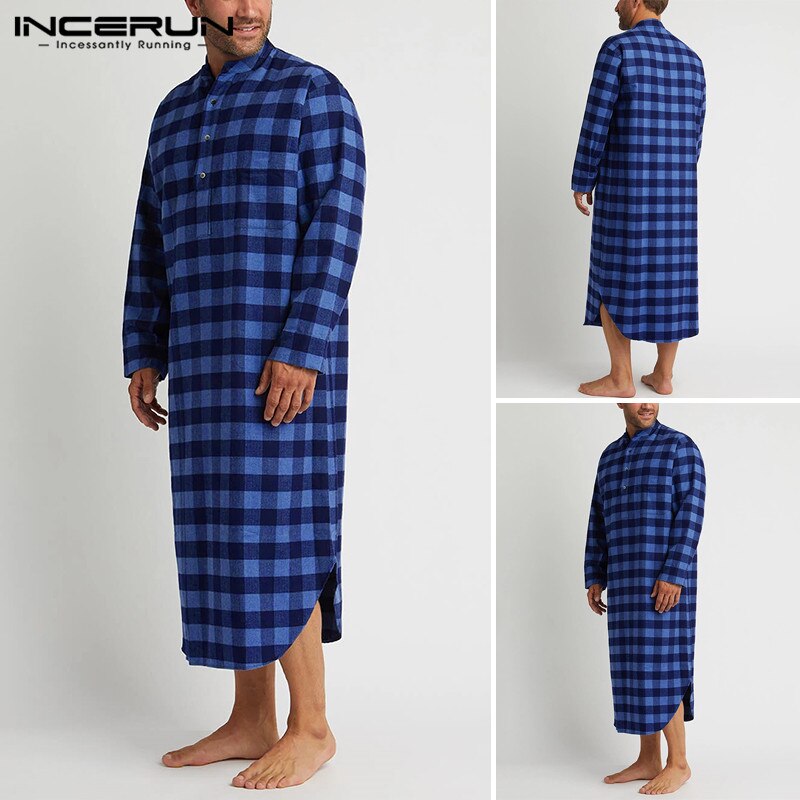 Mannen Plaid Slaap Gewaden Lange Mouwen Stand Kraag Nachtjapon Man Losse Knoppen Nachtkleding Casual Rooster Homewear 5XL Incerun