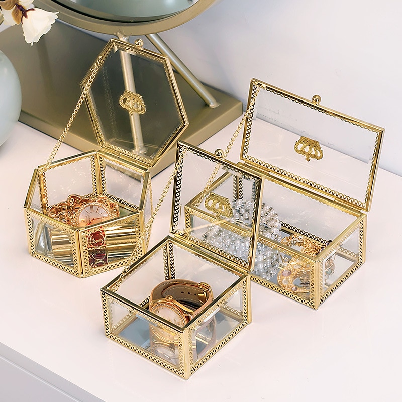 Nordic Gold Grid Glass Storage Box Luxury Modern Cosmetics Jewelry Storage Box Container Desktop Bathroom Storage
