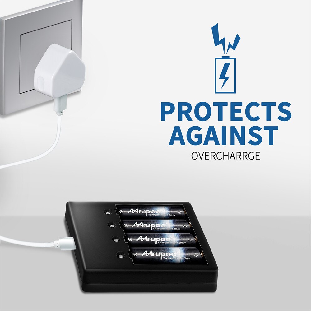 Wiederaufladbare AA oder AAA Batterie USB Ladegerät mit Kabel Adapter und 4 AA Lithium-Akkus, Auto-Sicherheit Über-Ladung