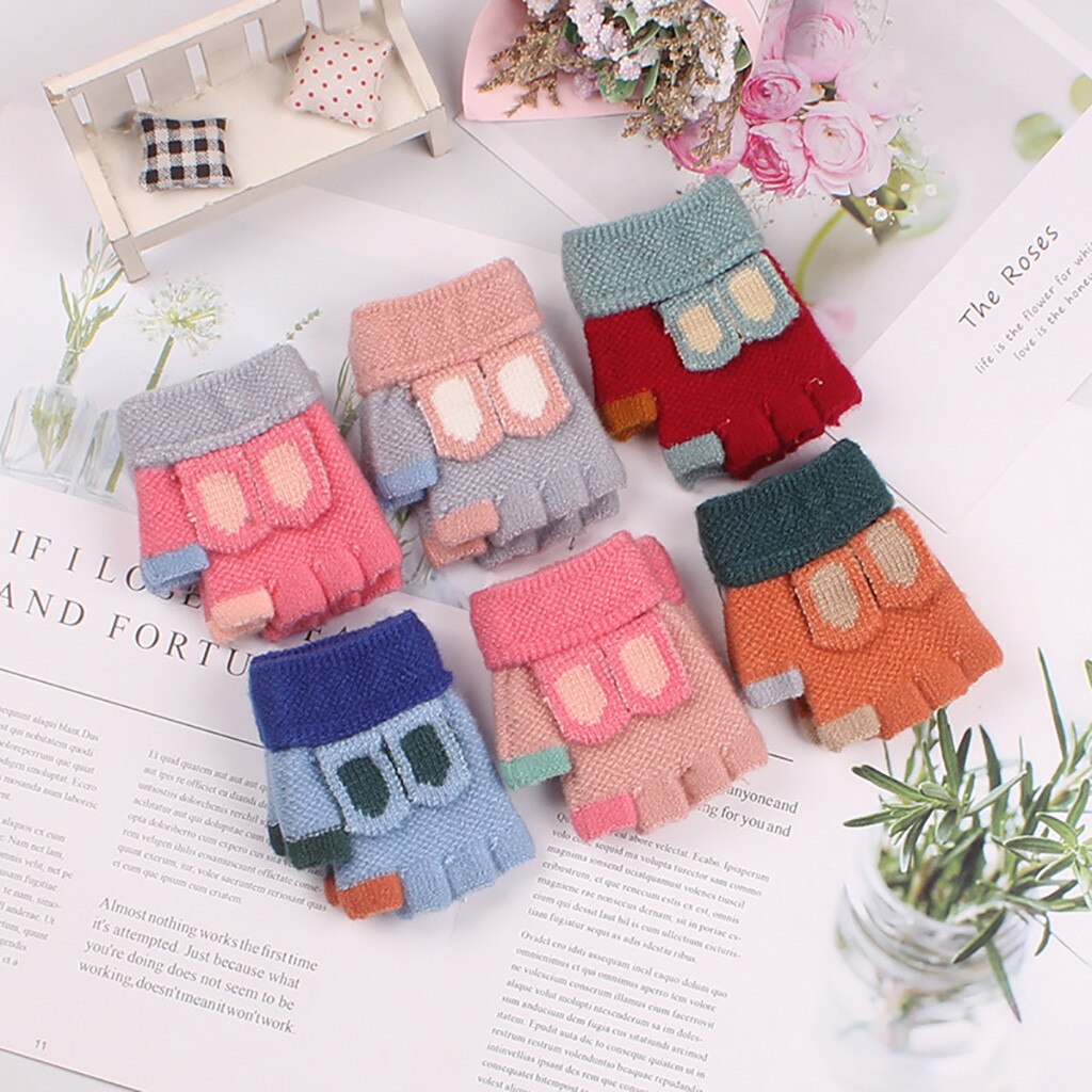 Alla moda Della Rappezzatura Inverno Bambini Mitten Guanti Guanti Per Bambini Guanti Mezzi della Barretta Del Fumetto Caldo Guanti A Maglia Per Bambini перчатки женские