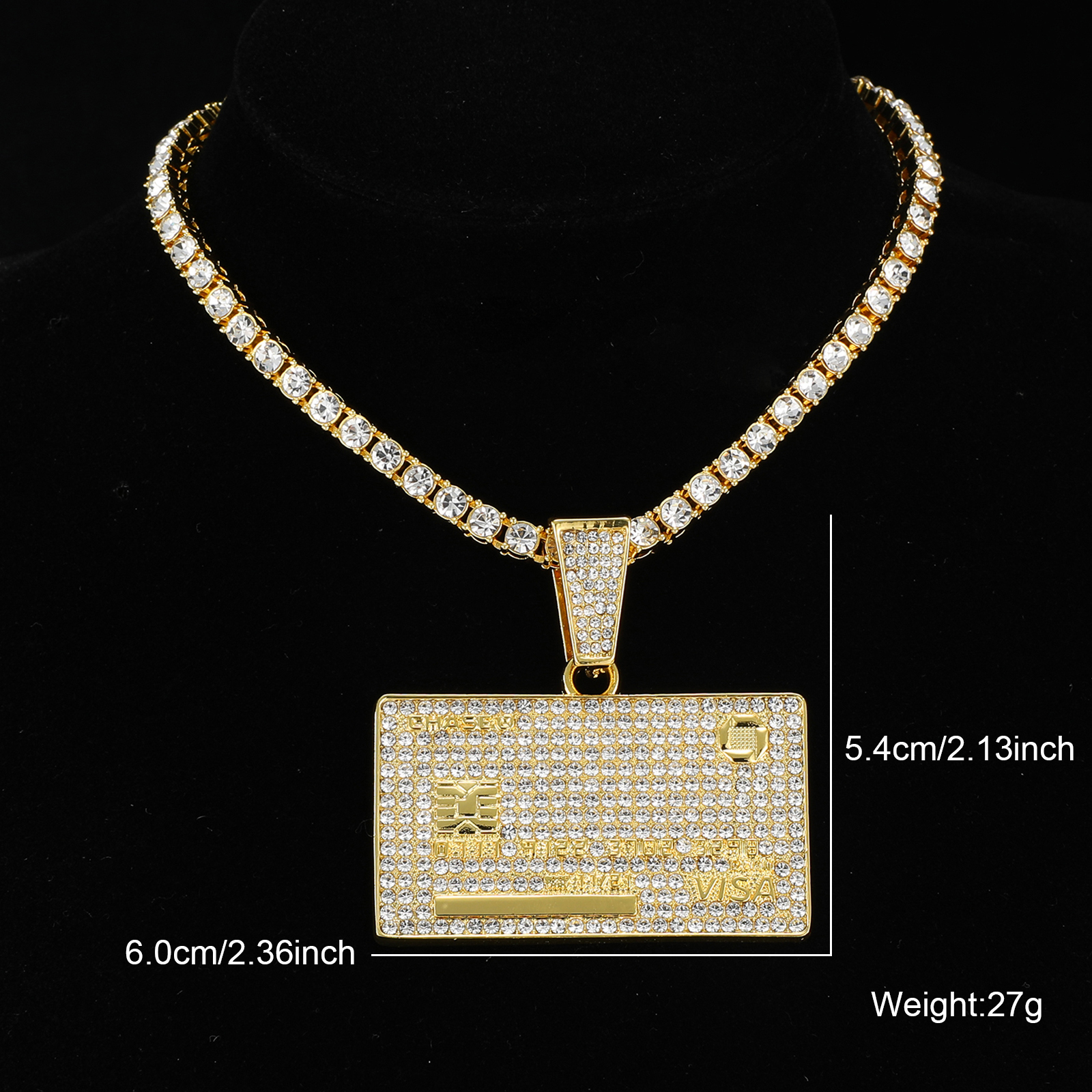 D & Z-colgante de tarjeta de crédito con diamantes de imitación de 13mm, cadena cubana de Miami, hip hop, collares ostentosos, joyería de para hombre: 55 cm / Azul de zinc