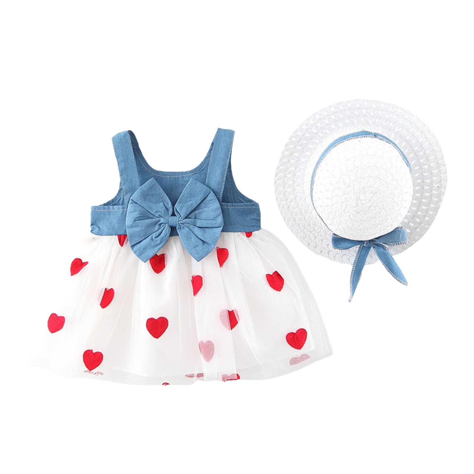 Abito estivo per bambine, ricamo a cuore fiocco decorazione maglia impunture Denim senza maniche bretella gonna principessa + cappello di paglia