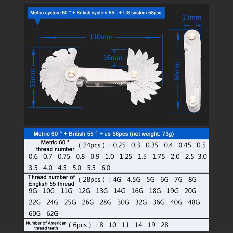 Thread Gauge Metric & Imperial & US Screw Gauge Whitworth 55 Degree & Metrisch 60 Degree Folding Thread Pitch for Measurement