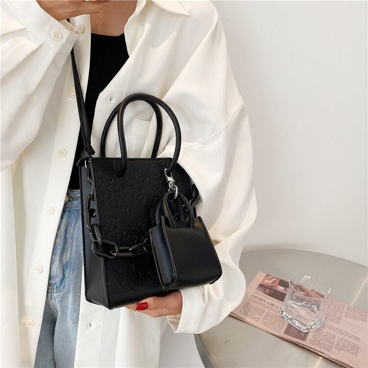 PU Leather Women Shoulder Bags 2Pcs Sets Ladies Handbags Teenage Girls Crossbody Bags Cartoon Print Purses for Women Bag