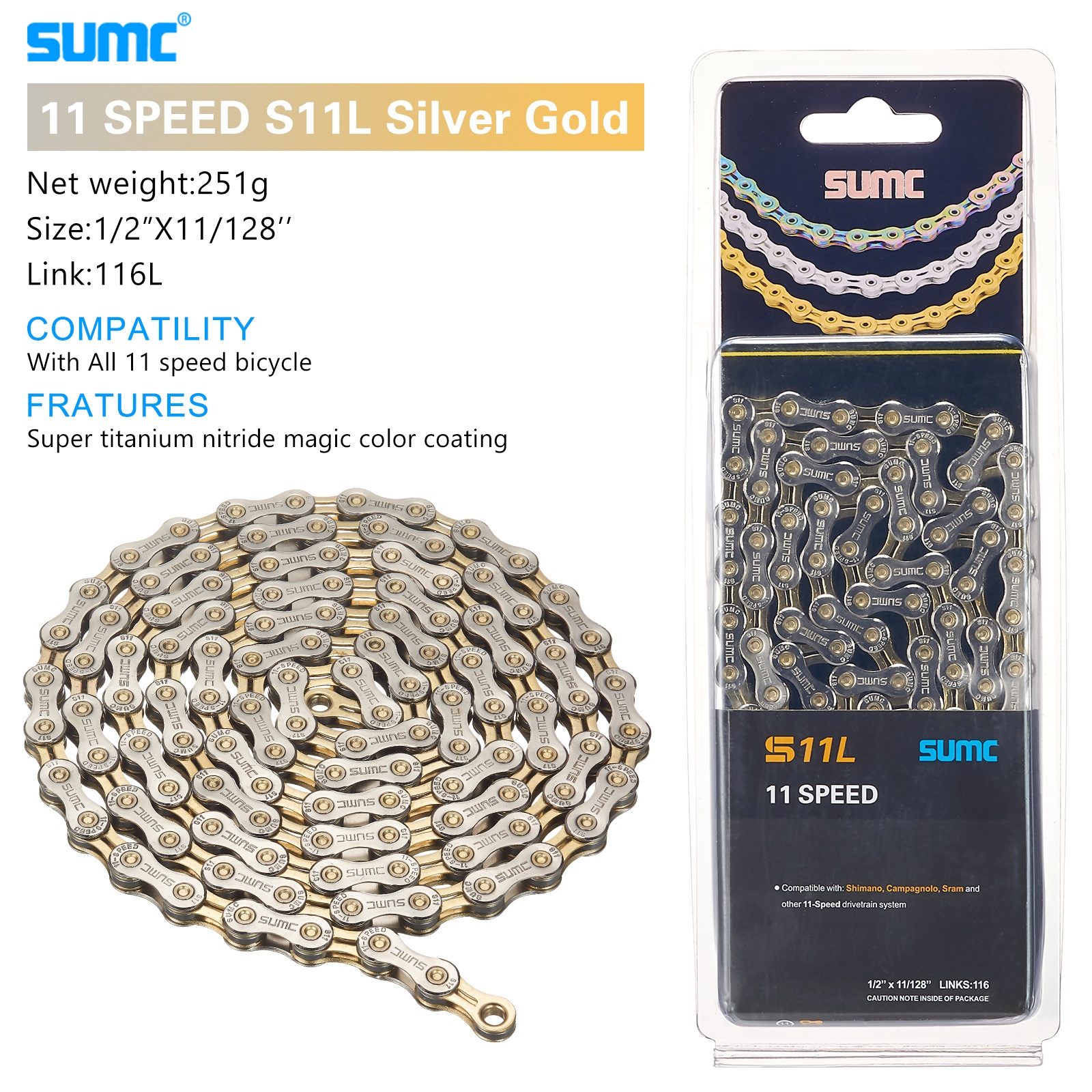 Neue sumc Mountain Road Fahrrad Schalt kette 8 9 10 11 12-Gang hohle ultraleichte Goldkette 251g mit Missing link m8000 m6000