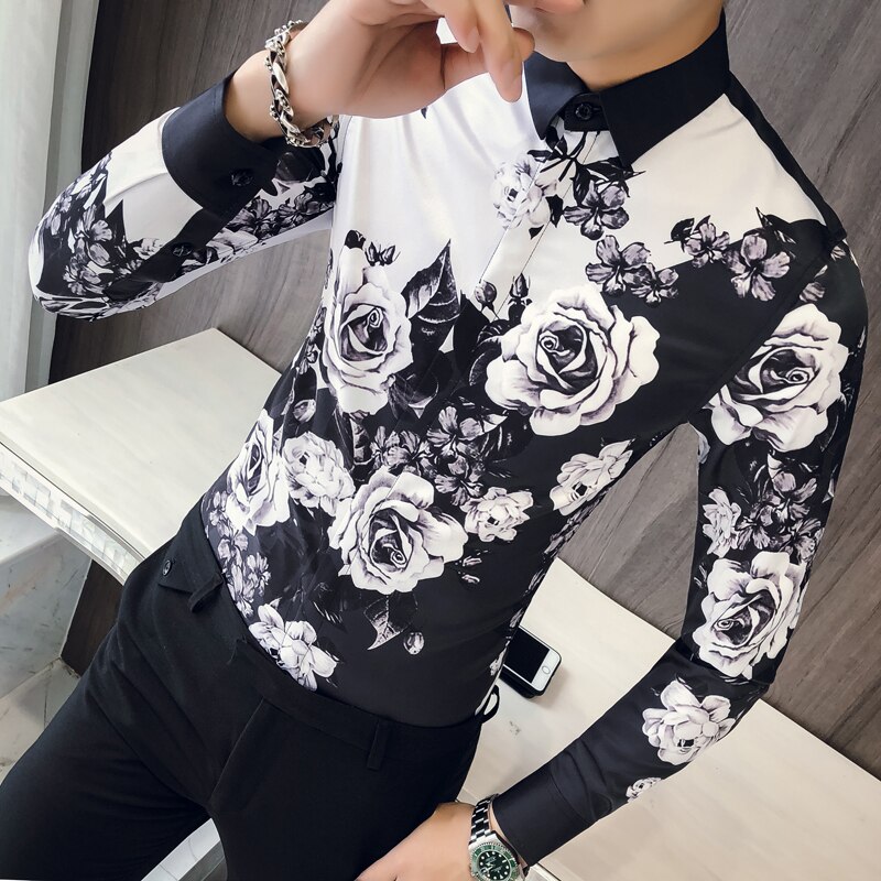 Skjorta herr rosa skjorta mönster ropa de hombre button up herr långärmad slim fit bröllopsskjorta herr klubbfest: Koreanska  m 48-52kg