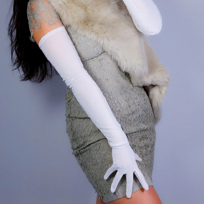 Guantes de terciopelo blanco para mujer, manoplas largas de terciopelo elástico, de franela, cálidas para bodas, gants mariage ST366