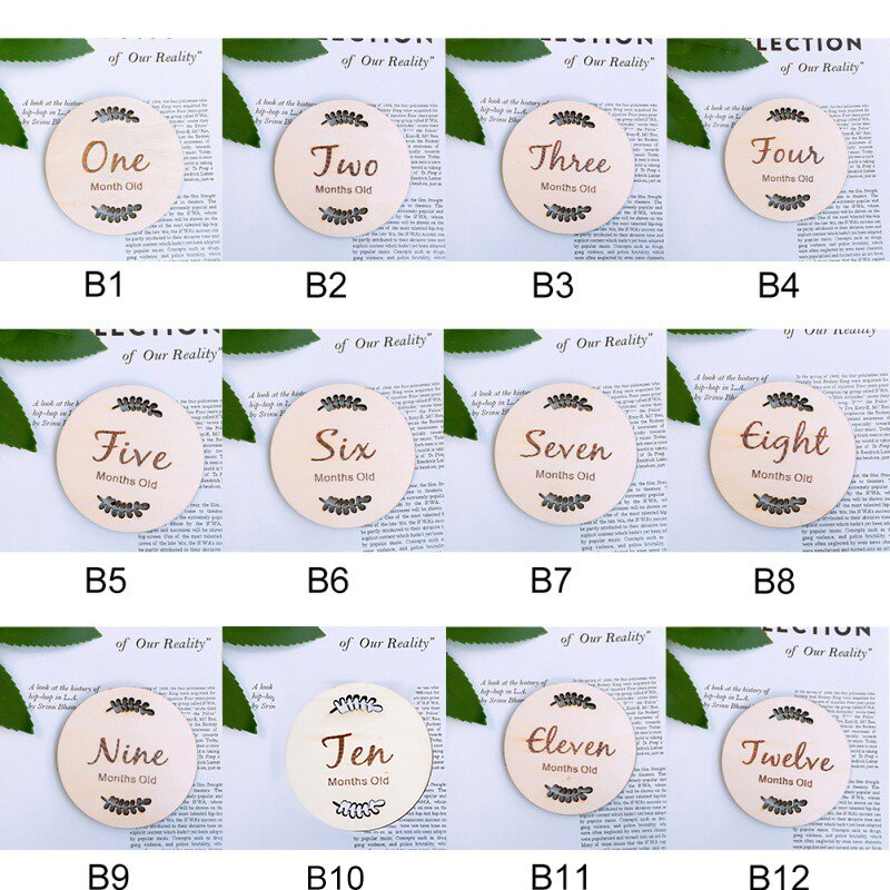 Household Baby Monthly Milestone Wooden Cards Baby Photography Props Home Milestone Card(Leaf Pattern,English Twelve)