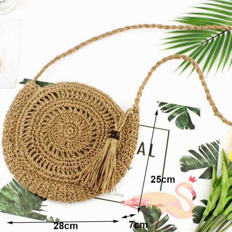 Yogodlns Round Soft Paper Rope Shoulder Bag Tassel Summer Beach Handmade Crossbody Bags Women Hollow Straw Bag Circle Rattan Bag: khaki style1