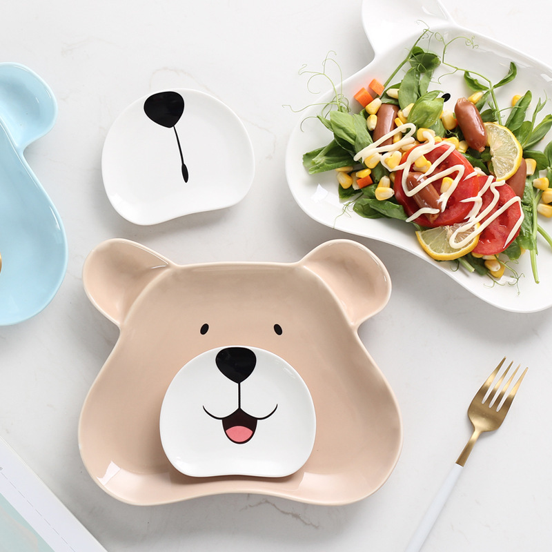 Cerámica Ceative de dibujos animados plato de Sushi lindo niños oso forma plana plato ensalada cena bandeja grande pequeña salsa platos 2 unid/set