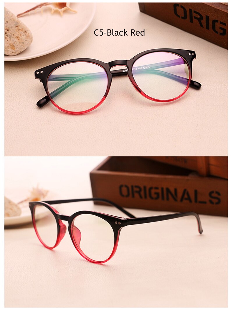 Men Glass Frame Women Black Eyeglasses Frame Vintage Round Clear Lens Glasses Optical Spectacle Nerd Party Eyewear: C5 Black Red