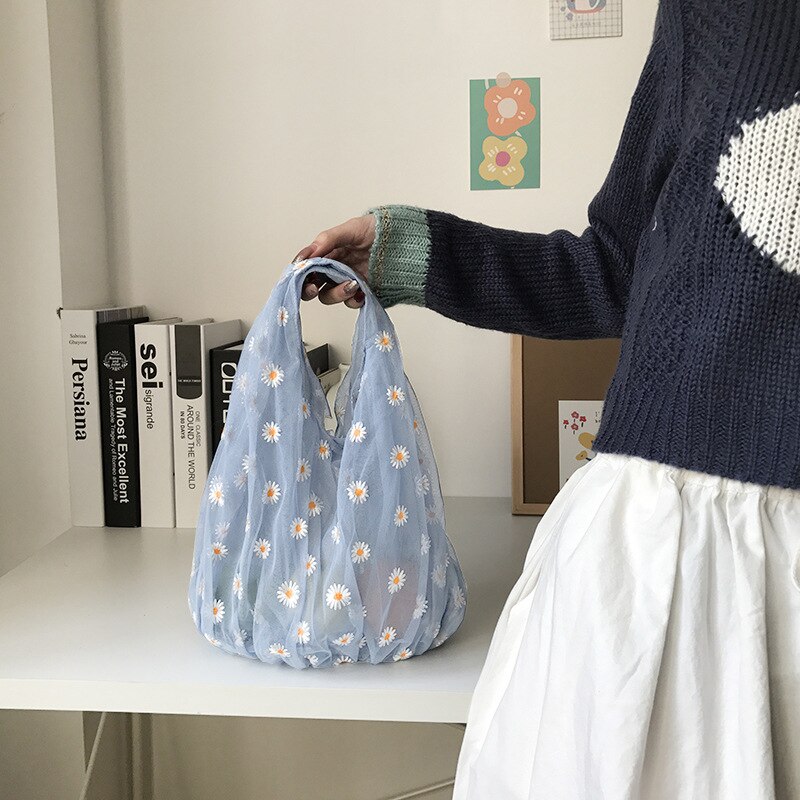 Women Embroidery Transparent Tote Mesh Storage Bag Daisy Organza Handbag Korea Girls Fruit Bag Purse