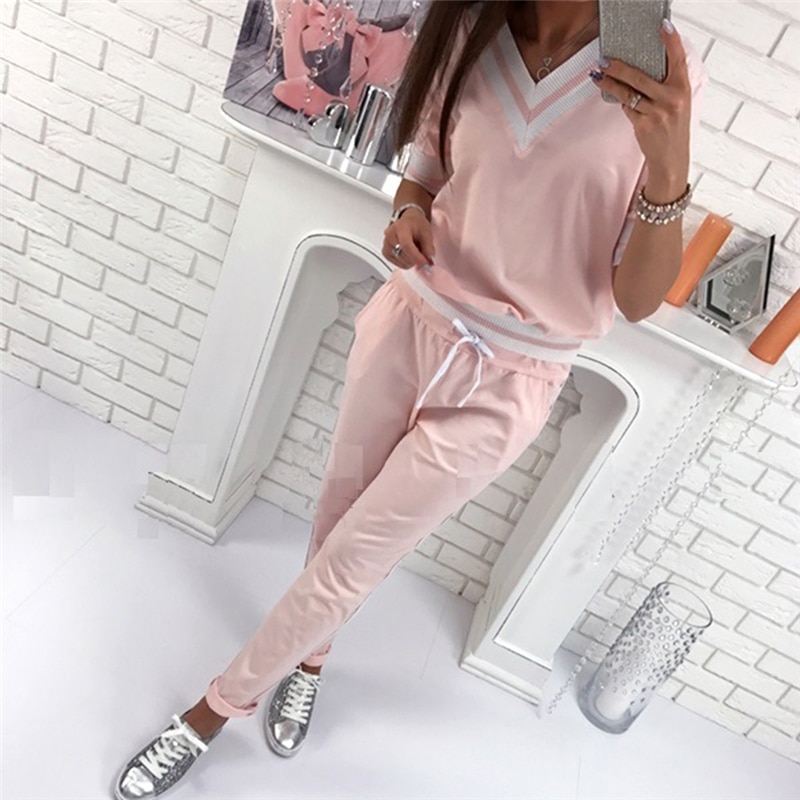 Pink Tracksuit for Women Sport Suits Causal Short Sleeve Top And Pants Set Jogging Suits Fitness Running Gym Outfit Sweatsuit