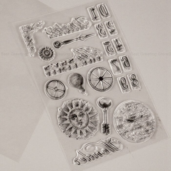 Retro Clear Stamp Old Fashioned Sun with Face Silicone Stamps Vintage Clock Rubber Stamps