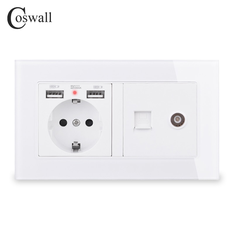 COSWALL Russia Spain EU Standard Wall Socket 2 USB Charge Port + Female TV Connector With CAT5E RJ45 Internet Jack Glass Panel