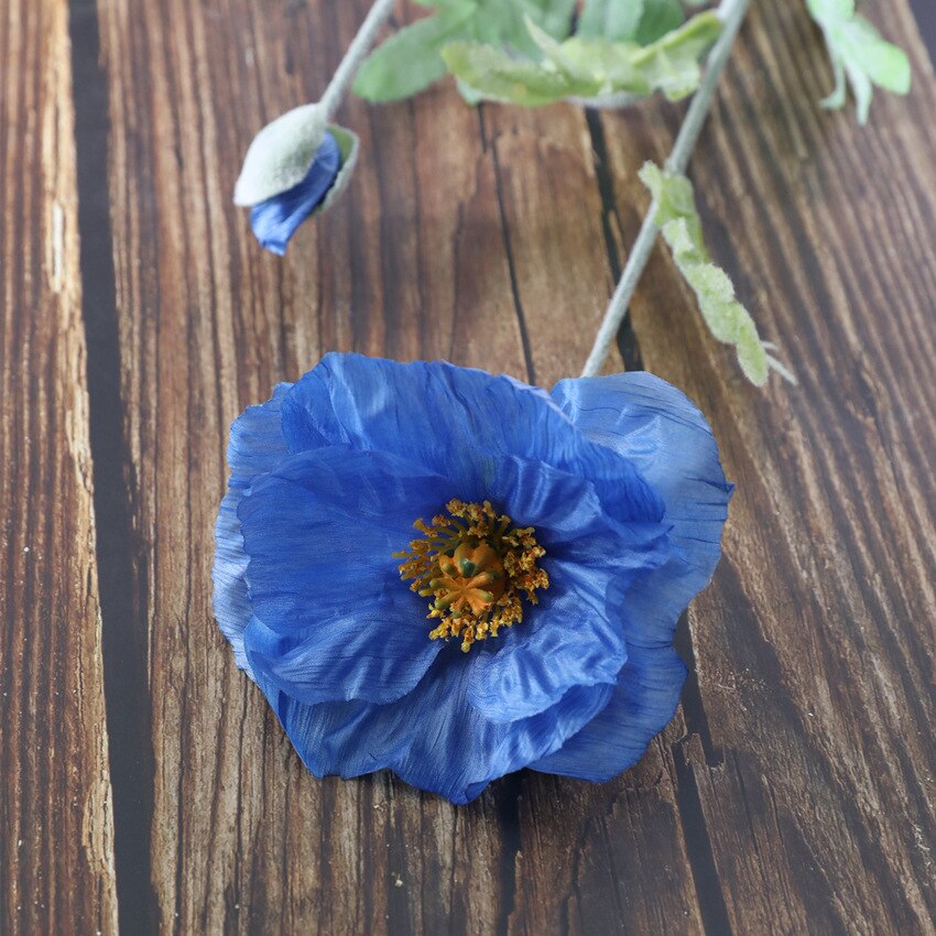 Stor rød valmuegren med flokkede blade kunstige blomster hjem stue dekoration fest favoriserer fotografering valmuer: Blå