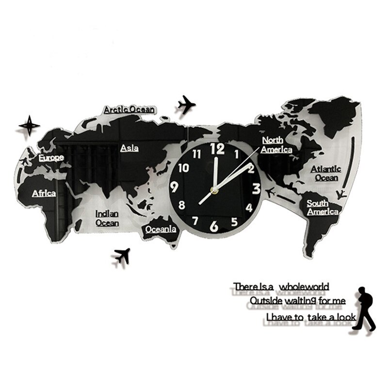 3D World Map Wall Clock Digital Modern Hanging Clock Quiet Acrylic Home Office: Black